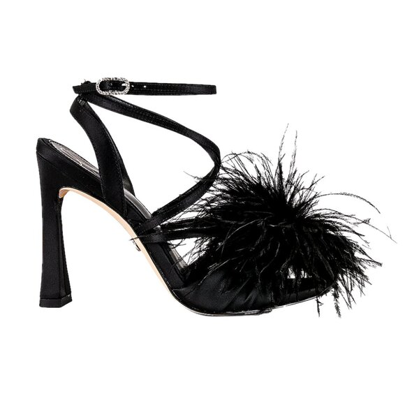 Sam Edelman Layton Feather-Trimmed Satin Sandals, Black, Size 8.5 - Picture 2 of 8
